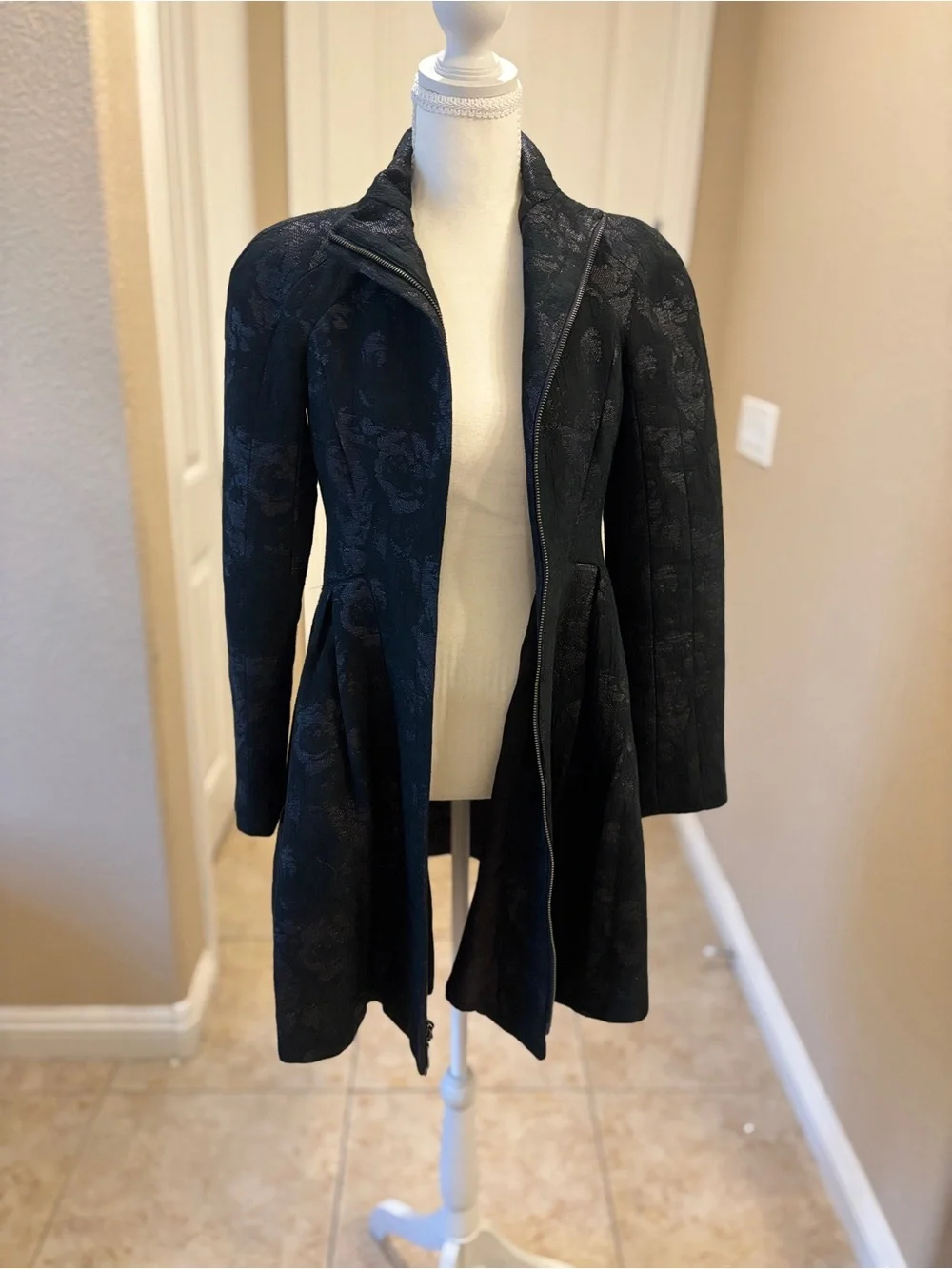 Nanette Lepore Black Floral Jacquard Pea Coat - Picture 6 of 6